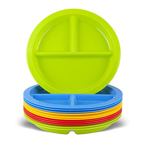 Plaskidy 3 - Compartment Divided Plates for Kids - Set of 12 Plastic Children Trays for Eating with Dividers - 4 Bright Colors (3 of Each Color) Dishwasher Microwave Safe BPA Free for Toddler and Kids | Amazon (US)
