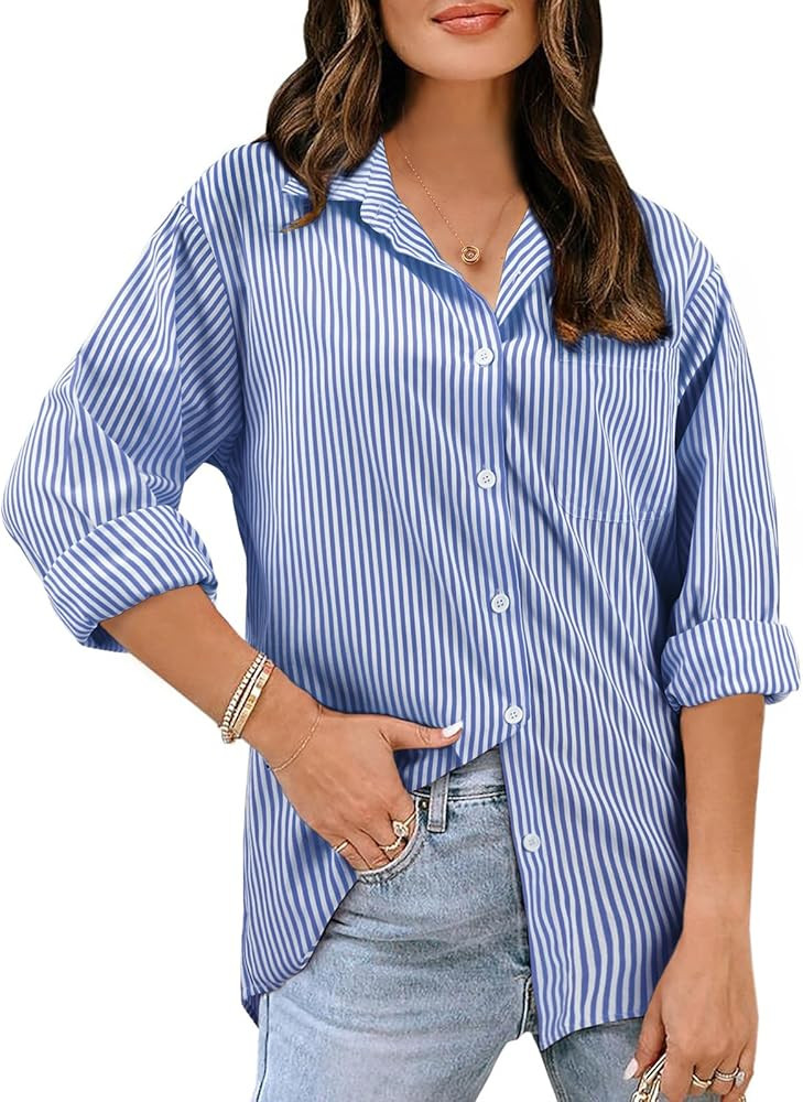 Women's Striped Long Sleeve Button Down Shirts V Neck Casual Tops Classic Office Work Blouses wit... | Amazon (US)