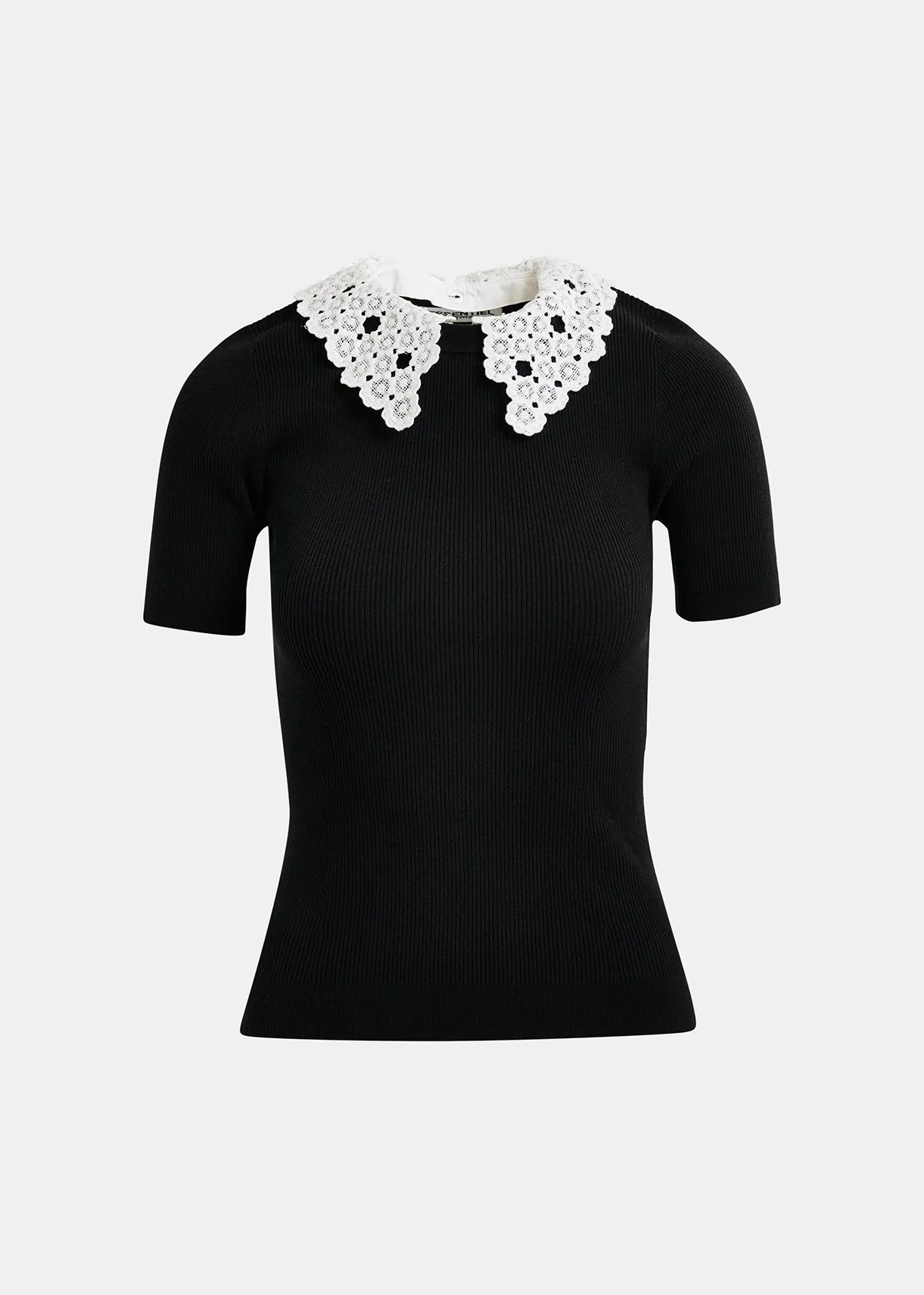 Black ribbed knitted polo top with removable lace collar | Essentiel Antwerp United States | Essentiel Antwerp