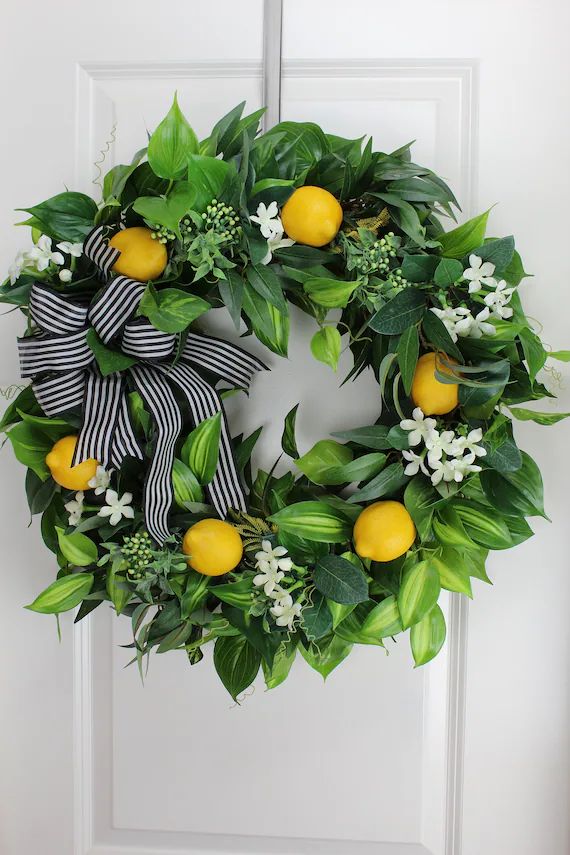 24-25" Lemon Wreath for front door, Lemons and White Flowers, Spring Wreath | Etsy (US)