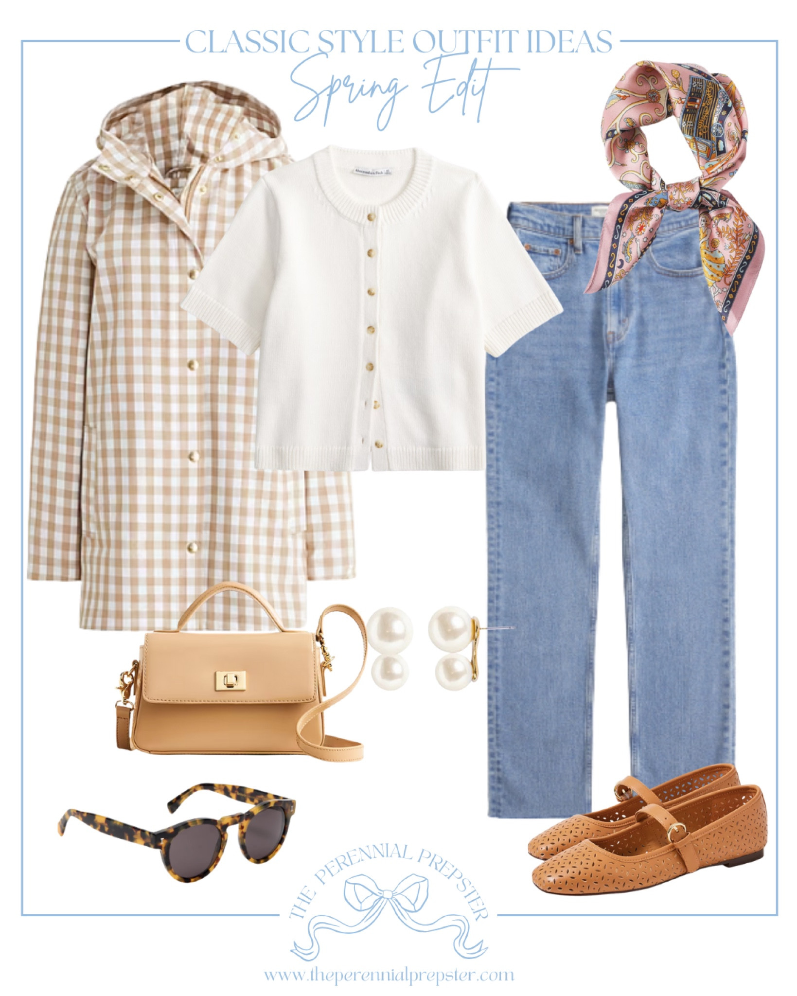 A classic, timeless and preppy spring outfit idea! Great look for a casual spring day. Busy mom outfit / gingham rain coat/ neck scarf / Nancy meyers inspired loook 

#LTKStyleTip #LTKSeasonal