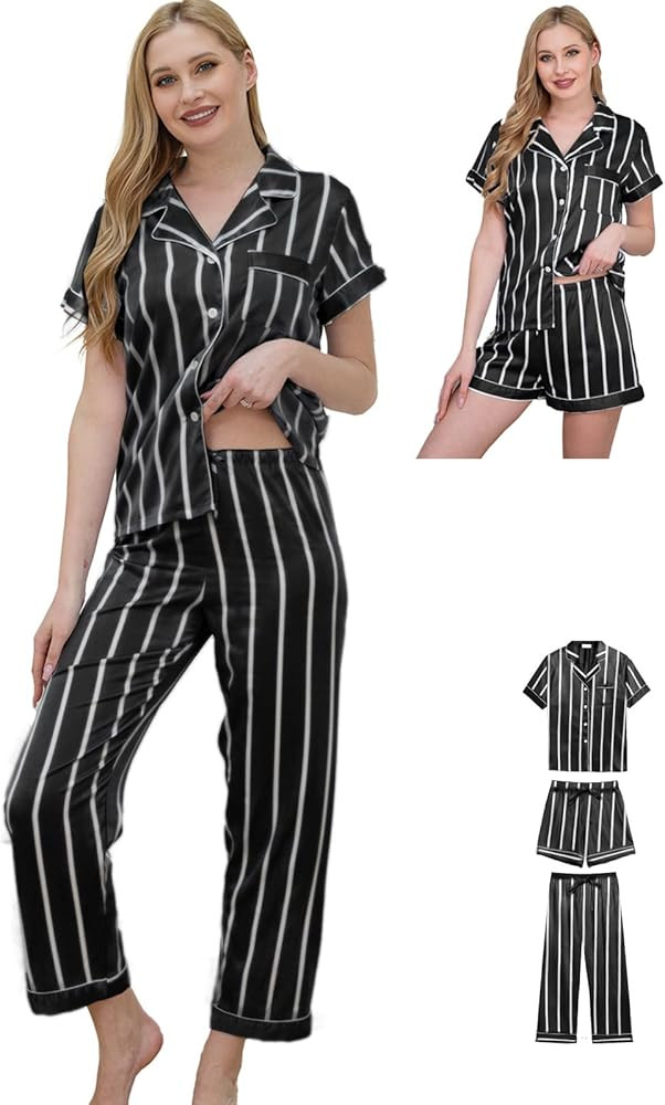 Womens Pajama Sets 3Pcs Silk Satin Pajamas Set XS-2XL Sleepwear Silky Pj Sets Nightwear Pjs Loung... | Amazon (US)