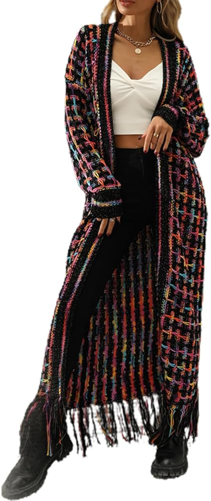 CXINS Women 2025 Long Cardigan Sweater Long Sleeve Open Front Fringe Tassel Hem Colorful Rainbow ... | Amazon (US)