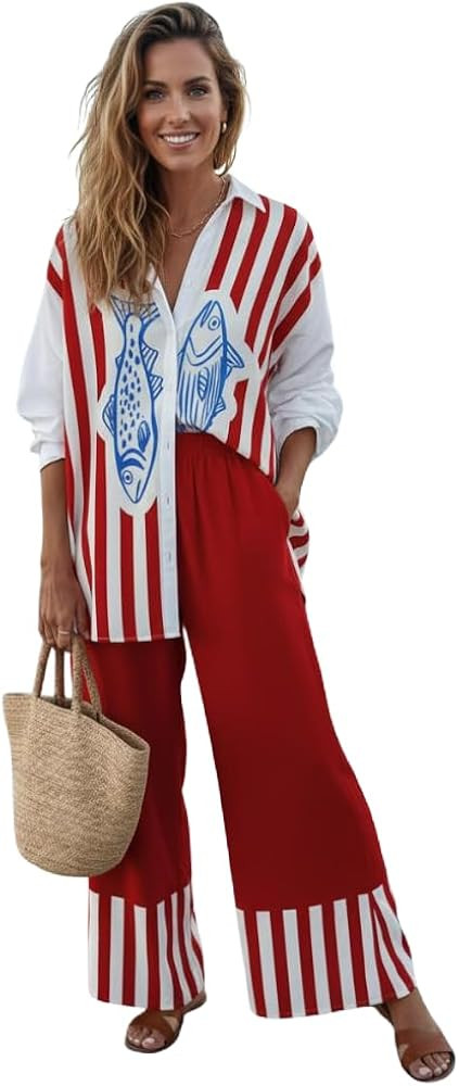 Women's Beach Vacation 2 Piece Outfits Long Sleeve Button Shirt Elastic Waist Wide Leg Pants Casu... | Amazon (US)