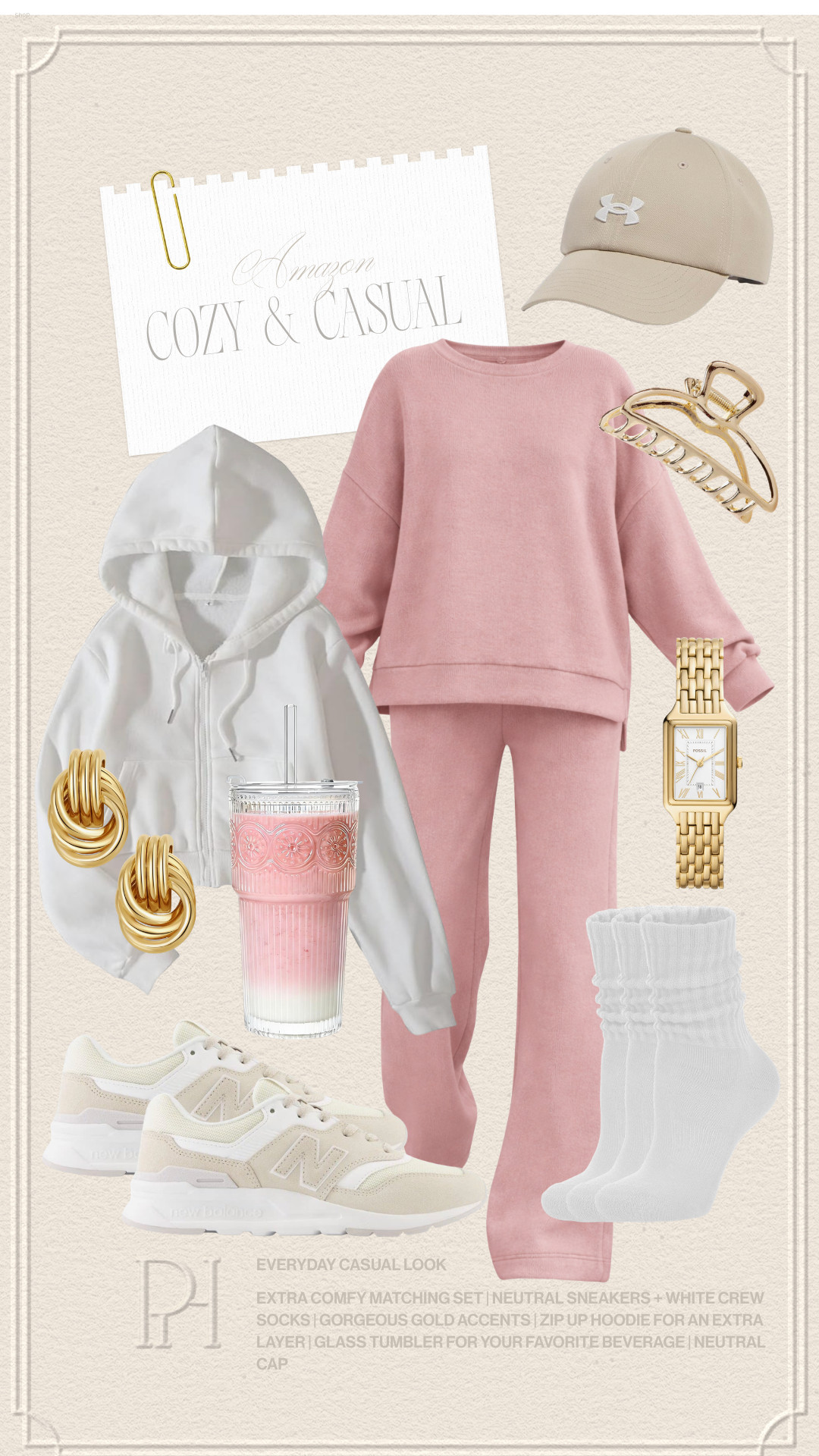 Amazon finds that area perfect for any cozy casual look!

mom outfit, mom style, mom look, loungewear, mom fashion, travel outfit, matching set, travel day look, pink lounge set, sweats set, white zip up hoodie, white sweatshirt, pink sweats, pink sweatshirt, crewneck sweatshirt, tan cap, baseball hat, gold hair clip, jaw clip, glass tumbler, iced coffee tumbler. white crew socks, slouchy socks, tan sneakers, trainers, tennis shoes, running shoes, gold earrings, gold watch 

 #LTKgrwm #LTKootd #LTKmomlife