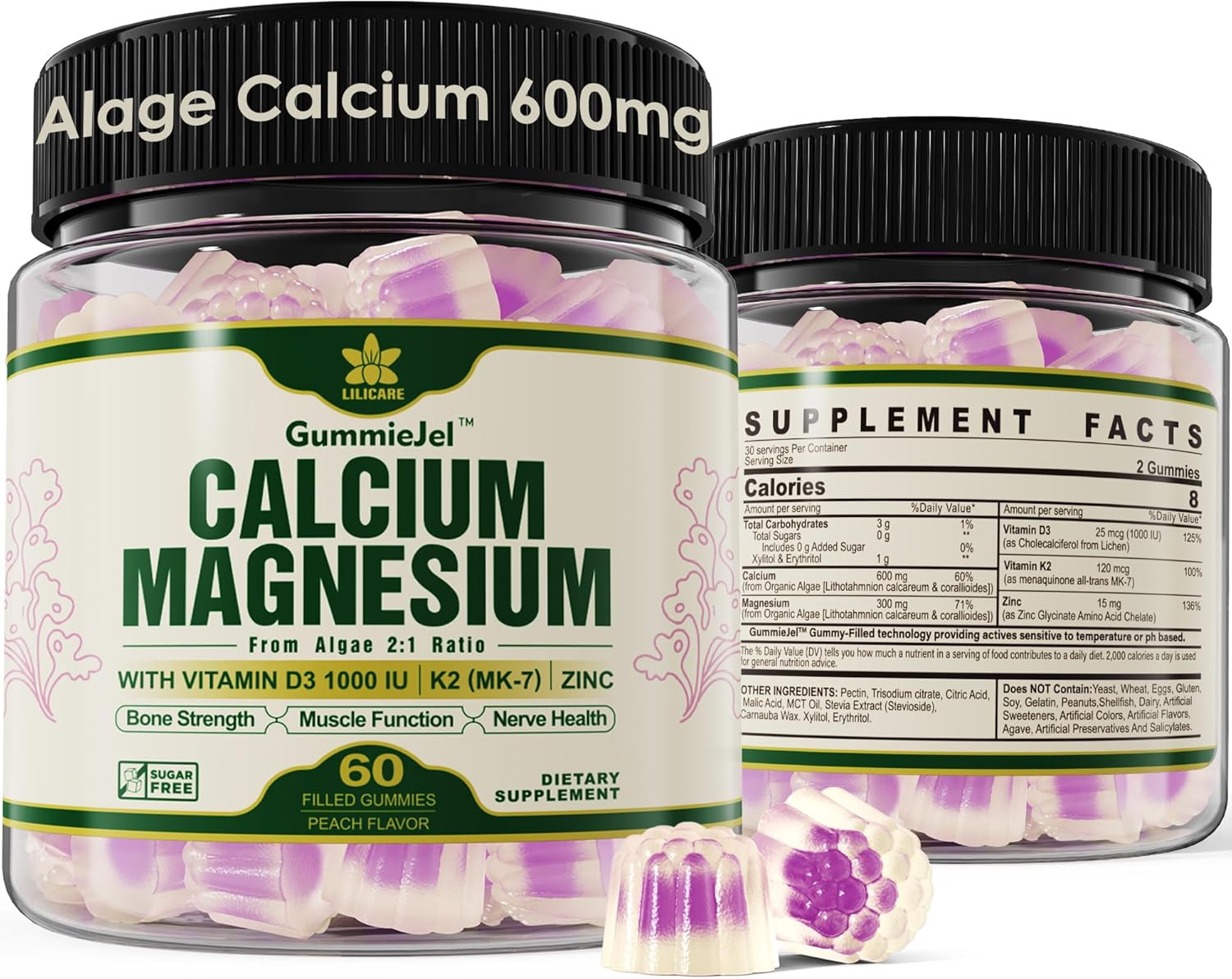 (2 Pack) Plant Based Calcium Supplement 600mg with Vitamin D3 K2, Zinc for Bone Strength, Sustain... | Amazon (US)