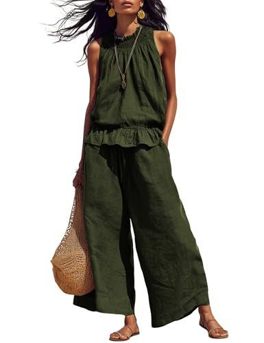 Tanming Women's Linen 2 Piece Outfits Sleeveless Ruffle Top Wide Leg Pants Summer Loungewear Beac... | Amazon (US)