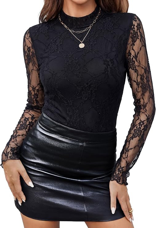 OFEEFAN Womens Mock Neck Mesh Long Sleeve Blouse Double Lined Slim Fit Top | Sheer Lace Sleeves |... | Amazon (US)