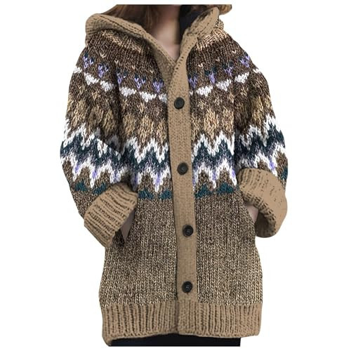 Oversized Cardigans For Women,Fair Isle Cardigan Women,Women's Open Front Knit Cardigan Vintage Fair Isle Sweater Cardigans Hooded Long Sleeve Winter Coats with Pockets Outerwear Coffee 14 Small | Amazon (US)