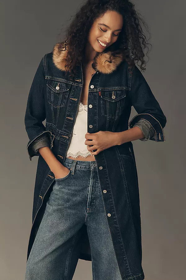 Faux Fur Collar Belted Denim Coat Jacket | Anthropologie (US)