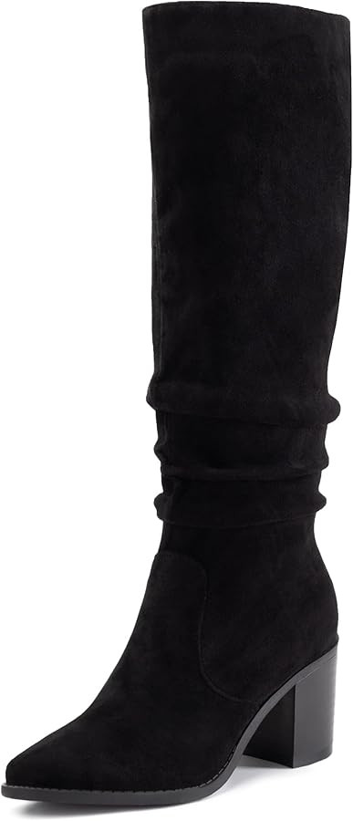 Athlefit Womens Knee High Chunky Heel Boots Faux Suede Pointed Toe Side Zipper Boots | Amazon (US)