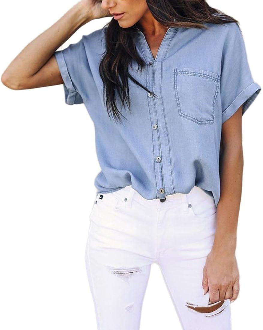 Women Casual V-Neck Soft Denim Shirt Tops Blue Jean Button Short Sleeve Blouse | Amazon (US)