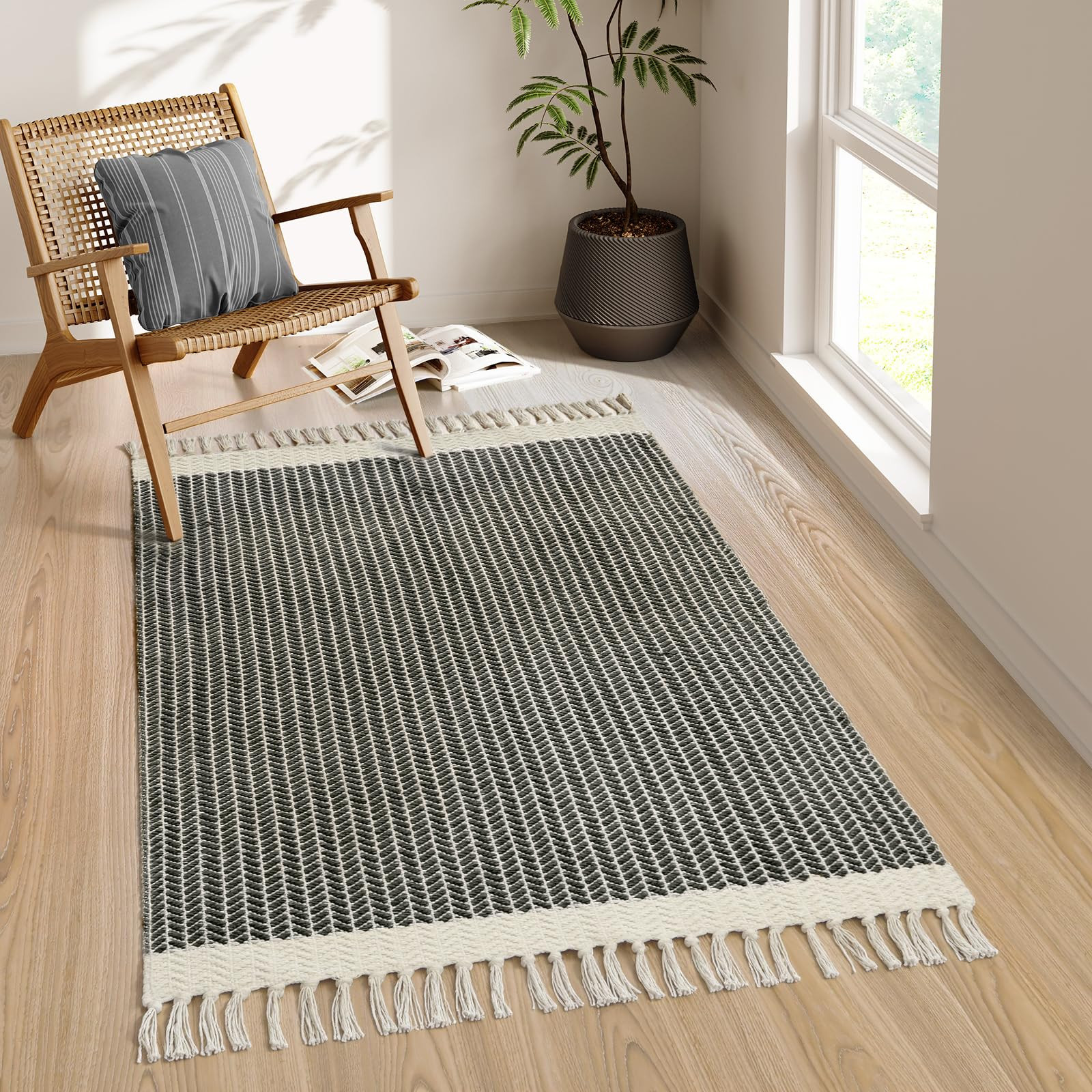 Lahome Boho Living Room 3x5 Washable Rugs for Entryway Lightweight Woven Grey Mat with Tassels, F... | Amazon (US)