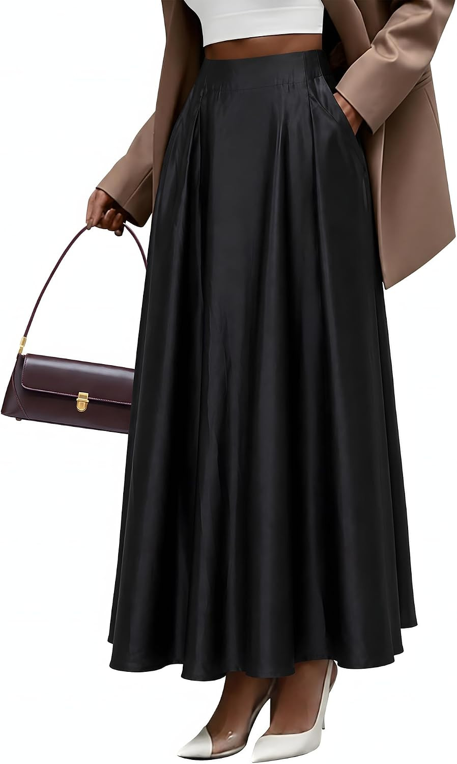 Womens Satin Maxi Skirts Flared Casual A-Line Long Silk Skirt with Pockets | Amazon (US)