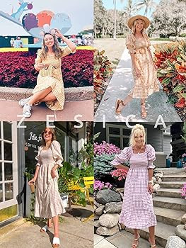 ZESICA Women's Summer Casual Plaid Square Neck Puff 3/4 Sleeve Backless Smocked Ruffle Swing Midi... | Amazon (US)