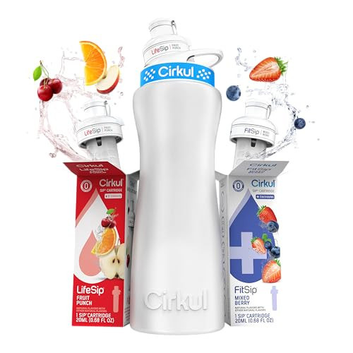 Cirkul 22oz. White Stainless Steel Water Bottle Starter Kit with Blue Lid, 2 Flavor Cartridges (1 LifeSip Fruit Punch and 1 FitSip Mixed Berry) No Sugar, Zero Calorie Drink Mix | Amazon (US)