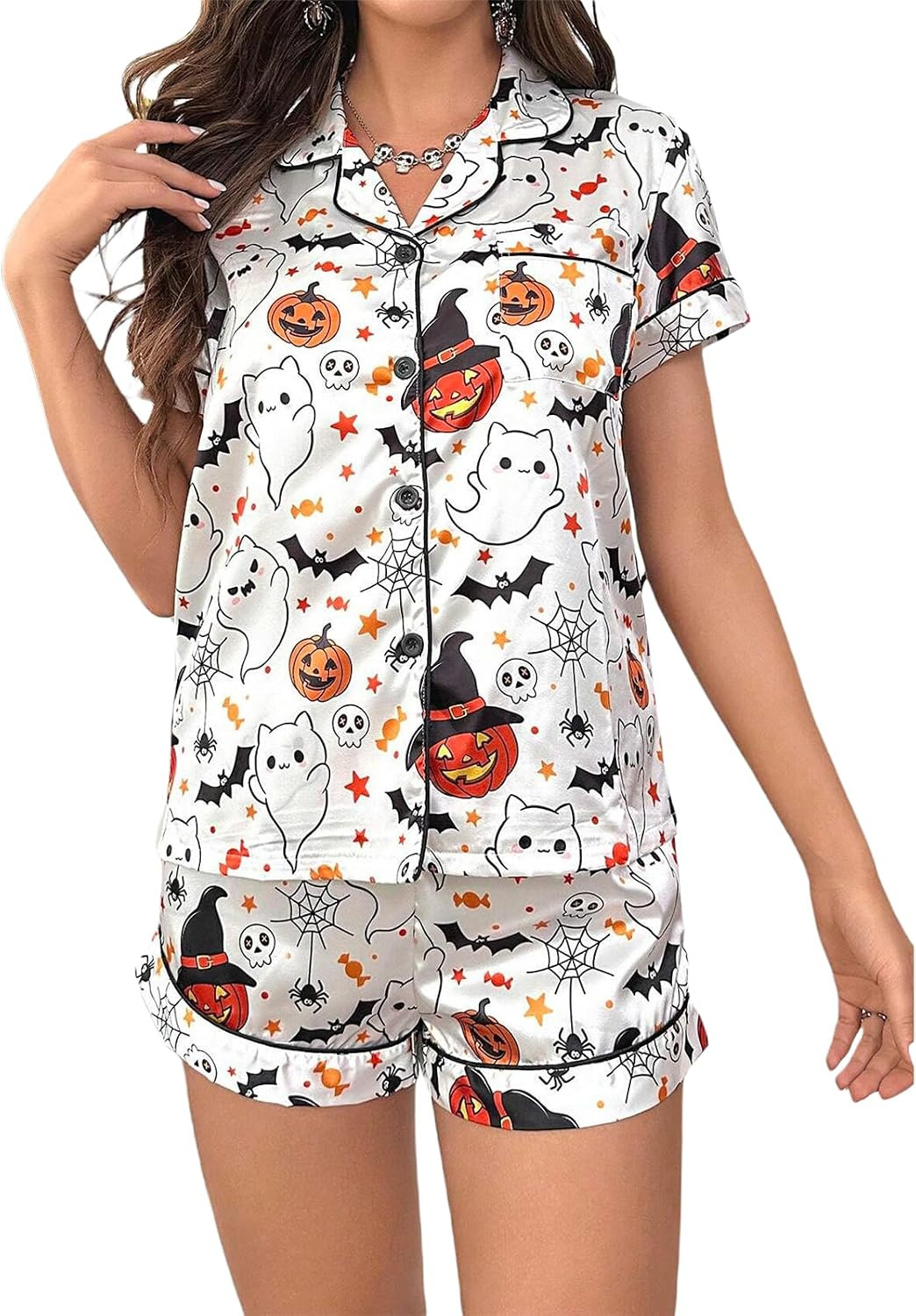 RUEWEY Halloween Womens Pajamas Set Ghost Pumpkin Print Short Sleeve Button Down 2 Piece Loungewear Sets Sleepwear | Amazon (US)