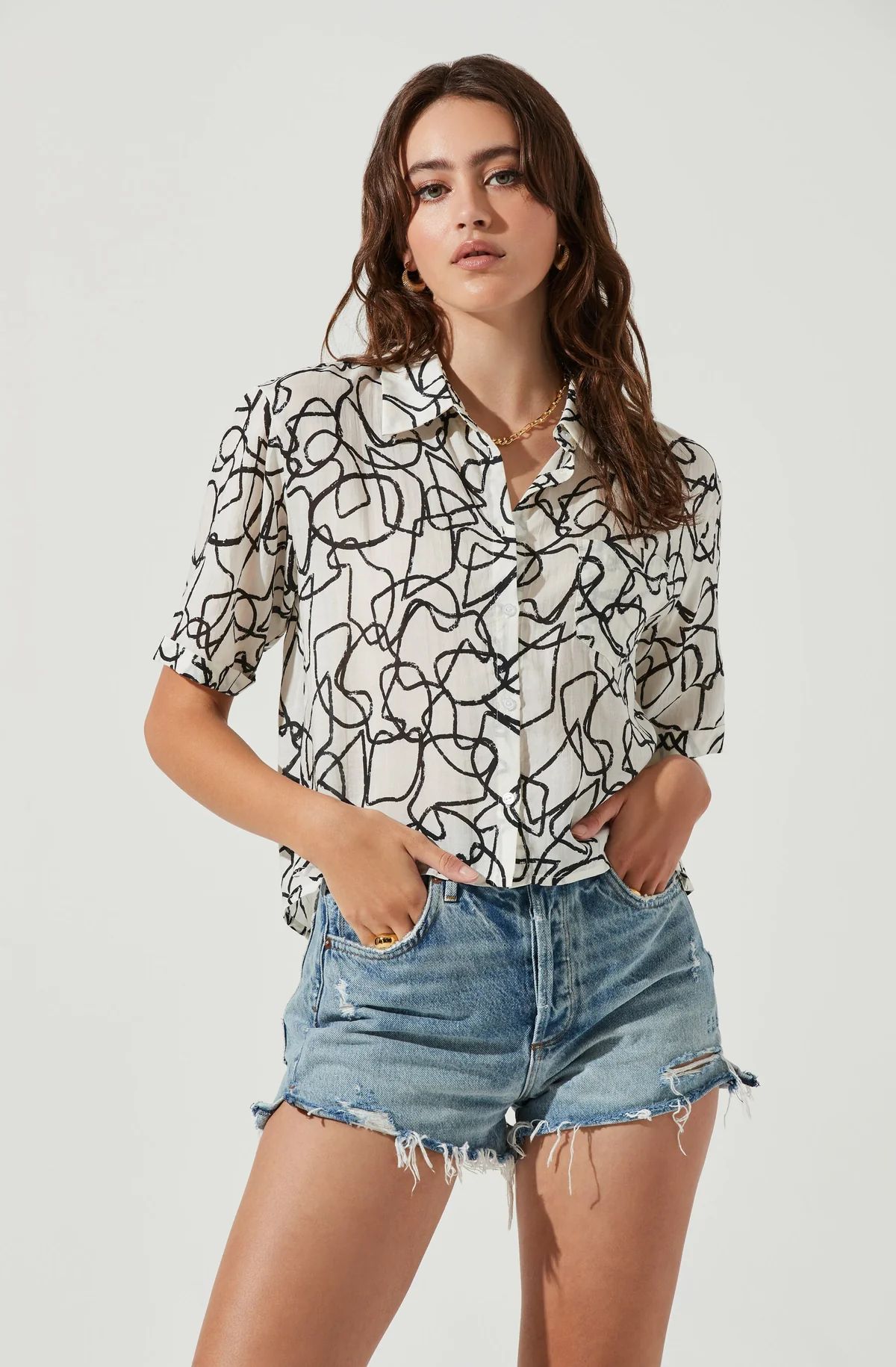 Chrysanthe Abstract Print Button Down Short Sleeve Top | ASTR The Label (US)