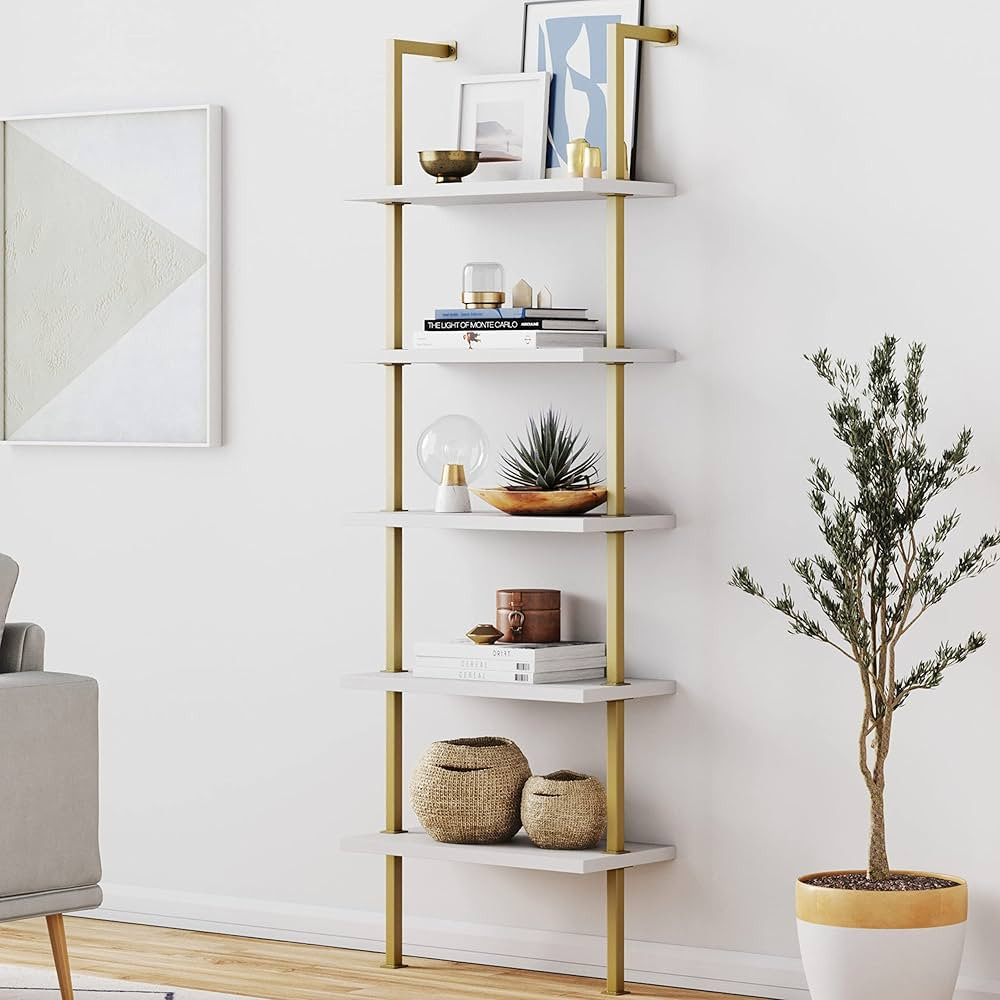 Nathan James Theo 5-Shelf Modern Bookcase, Open Wall Mount Ladder Bookshelf with Industrial Metal... | Amazon (US)