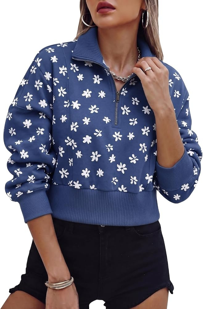 Fisoew Womens Half Zip Crop Pullover Sweatshirt Stripe Long Sleeve Jacket | Amazon (US)