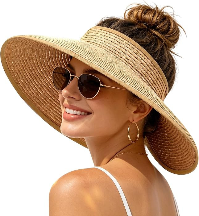 Sun Hats Visor for Women, UV UPF Straw Beach Hat Foldable Wide Brim Ponytail Summer Hats Packable... | Amazon (US)