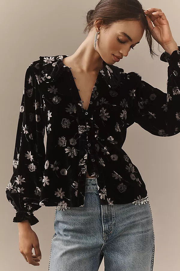 The Keira Collared Button-Front Blouse by Pilcro: Long-Sleeve Velvet Edition | Anthropologie (US)