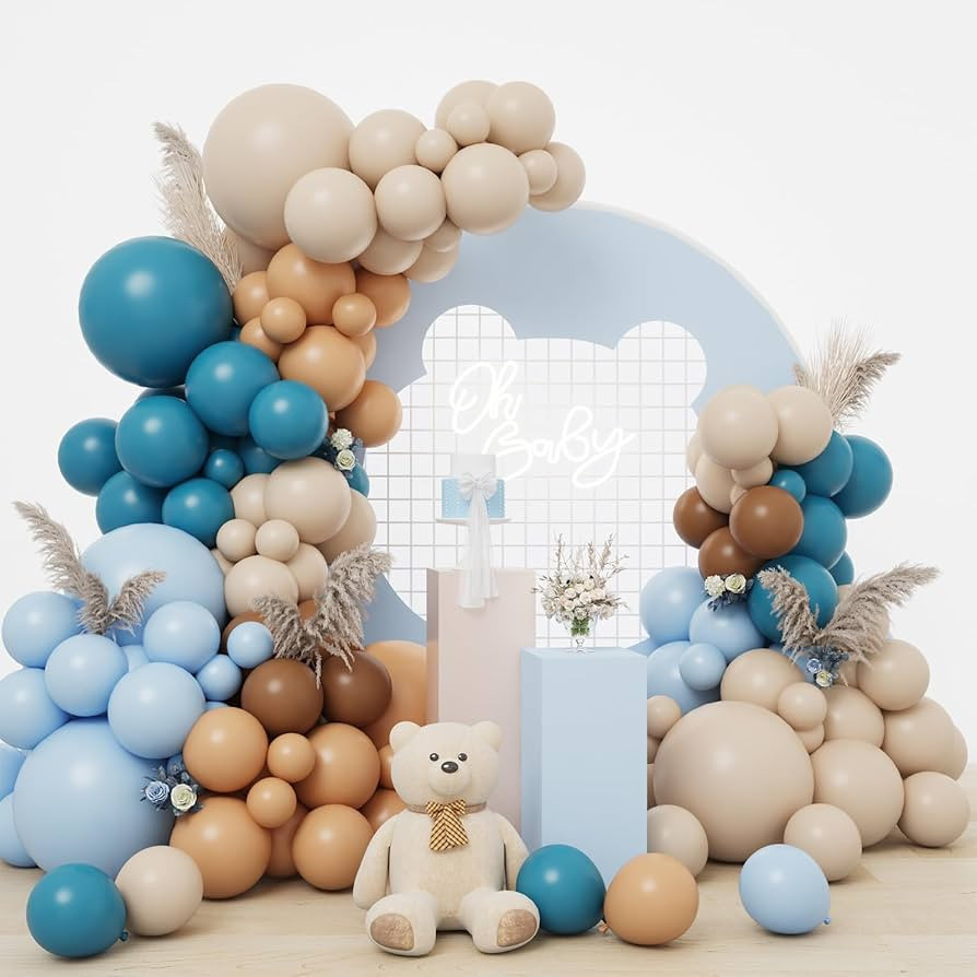 RUBFAC Blue Brown Balloon Garland Arch Kit, 142pcs Dusty Blue White Sand Coffee Balloons for Baby... | Amazon (US)