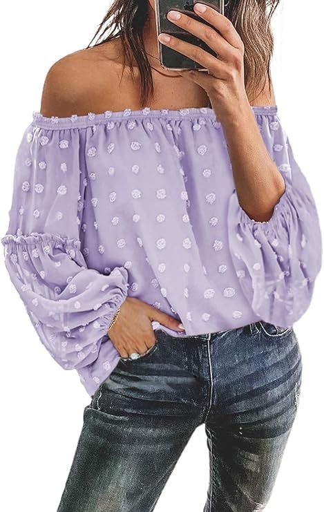Asvivid Womens Swiss Polka Printed Smocked Off The Shoulder Tops Summer Flared Bell Sleeve Chiffo... | Amazon (US)