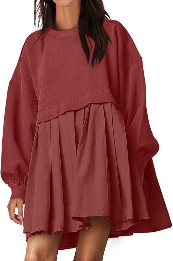 ANRABESS Women Sweatshirts Dress Oversized Long Sleeve Patchwork Casual Loose Pleated Pullover Mi... | Amazon (US)
