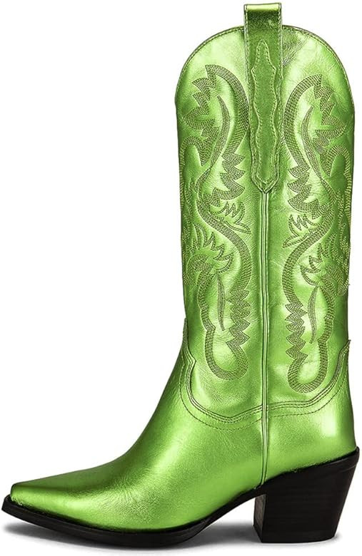 MeiLuSi Cowboy Boots for Women Mid Calf Boots Retro Embroidered Cowgirl Boots Chunky Heels Metall... | Amazon (US)