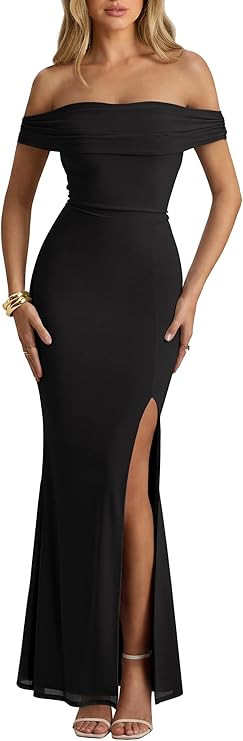 Caracilia Women Off Shoulder Maxi Dress Bodycon Sleeveless Split Mesh Formal Wedding Guest Cockta... | Amazon (US)