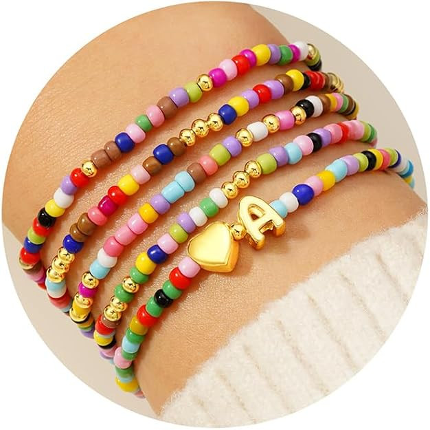 M MOOHAM Easter Gifts for Kids Girls - 5PCS Colorful Beaded Bracelets for Girls, Cute Heart Initi... | Amazon (US)