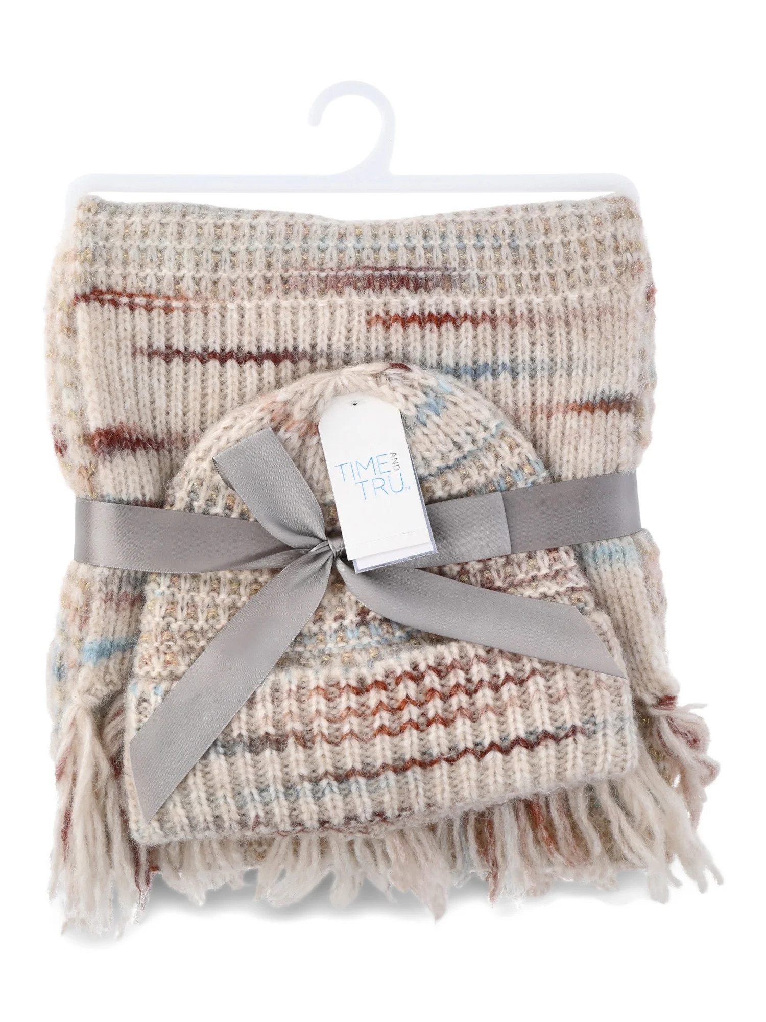 Time and Tru Women's Multi-Color Yarn Beanie and Winter Scarf 2-Piece Gift Set, Brown | Walmart (US)