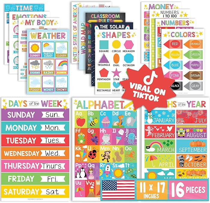 Hadley Designs 16 Educational Posters for Toddlers 1-3 - Learning Poster for Kids Ages 3-5, Alpha... | Amazon (US)