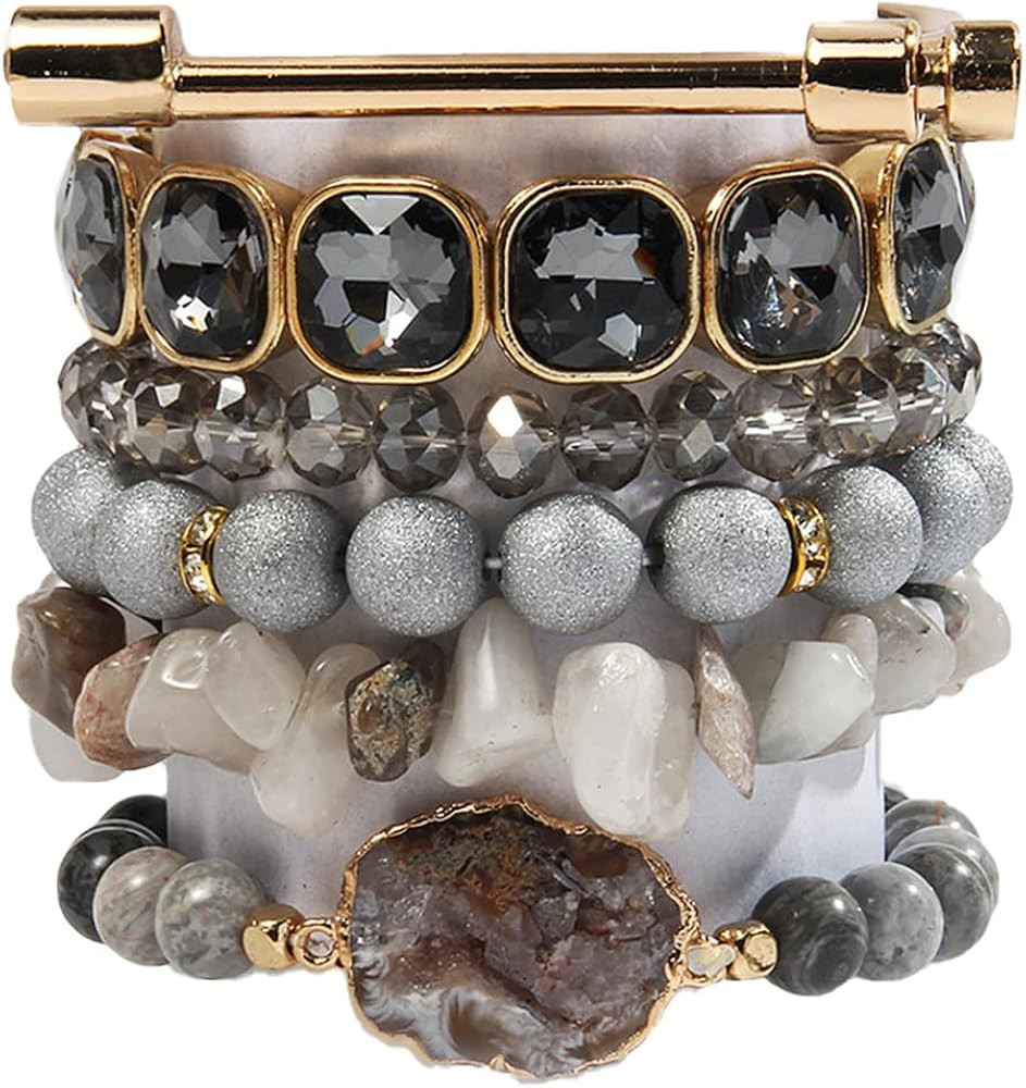 Boho Beaded Bracelets/Bangle for Women,Multilayer 5/6/7PCS Healing Natural Handmade Stone Bead Br... | Amazon (US)