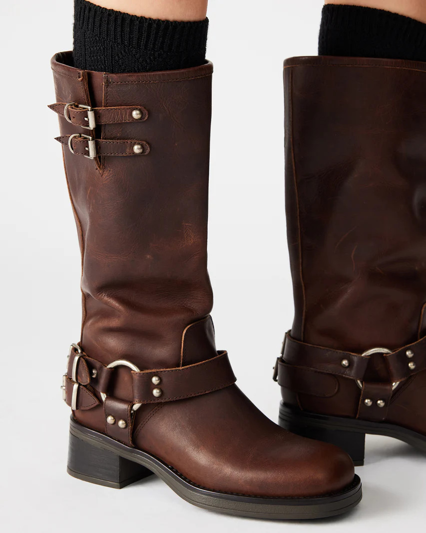ASTOR Brown Leather Knee-High Boot | Women's Boots | Steve Madden (US)