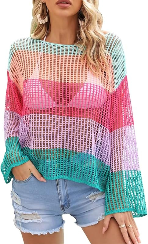 Leezeshaw Crochet Cover Ups for Women Colorful Stripe Long Sleeve Hollow Out Bikini Coverups Boat... | Amazon (US)