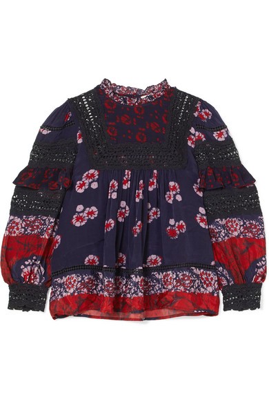 SEA - Malaya Crochet-paneled Printed Voile Blouse - Navy | NET-A-PORTER (US)