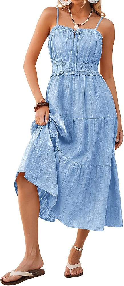 Kate Kasin 2026 Women Spaghetti Strap Summer Midi Dresses, Casual Sleeveless Elastic Waist Boho D... | Amazon (US)