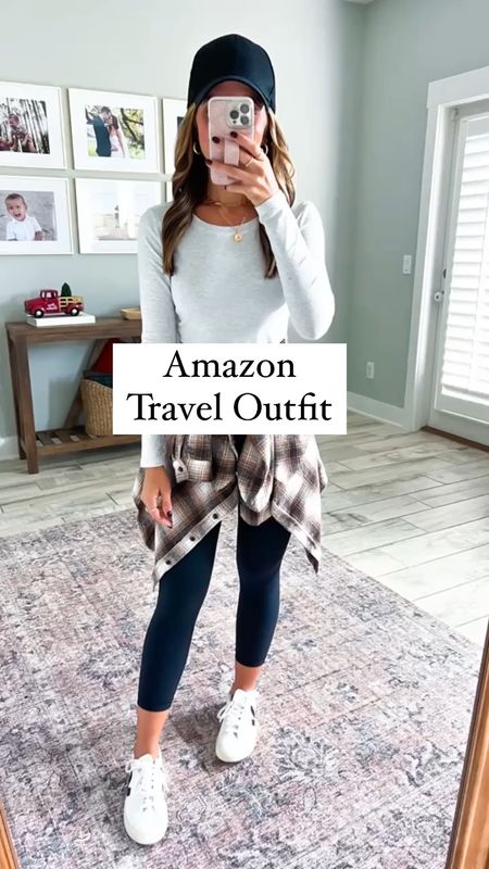 Casual outfit. Travel outfit. Airport outfit. Mom outfit. Fall outfit. Baseball mom. Amazon flannel (small). Favorite Amazon leggings (XXS, 21”). Amazon long sleeve crop t-shirt. Black Amazon baseball hat. Amazon hoops. Amazon necklace. Veja Esplar sneakers (size down if you are a half size). Amazon rug. 

#LTKunder50 #LTKtravel #LTKSeasonal