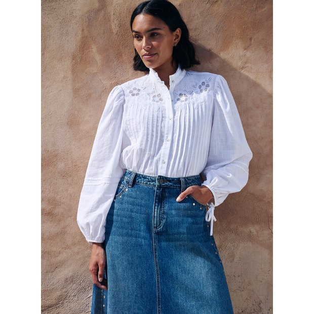 White Embroidered Pintuck Cotton Blouse 18 | Tu Clothing