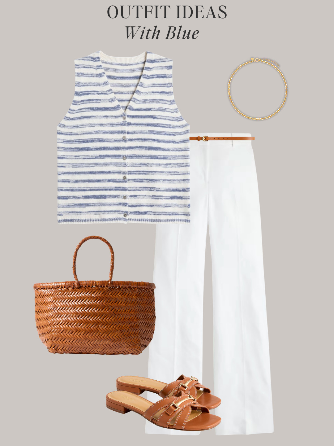 8 outfit ideas with light blue For summer ✔️ All-non light blue color clothes, shoes and accessories are in the Minimal Chic Summer 2026 capsule wardrobe.  

button vest, tailored shorts, slide sandals, sleeveless top, white midi skirt, slingback flats, blue button-down shirt, bermuda shorts, thong sandals, striped vest, linen shirt, tailored pants, white tee, black skirt, straw raffia sandals, tank dress, linen blazer, polo top

#quietluxury #styleguide #effortlesschic #lightblue #summeroutfits 

 