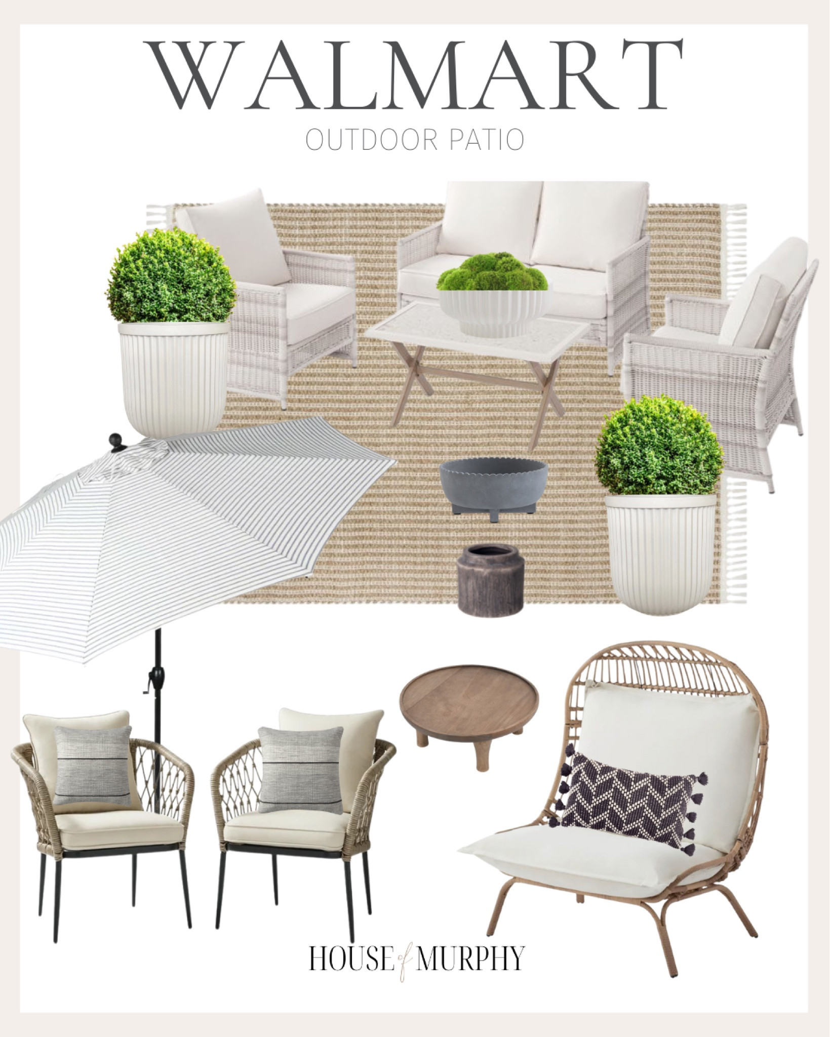 Walmart outdoor patio furniture.  Dining table and chairs, conversation set, outdoor umbrella, faux tree, fluted planter, pillows, Walmart finds, look for less

#LTKhome #LTKFind #LTKSeasonal