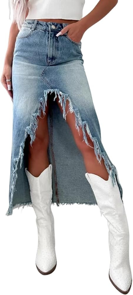 yoeasy Womens Casual Slit Denim Midi Jean Skirt High Waist Frayed Distressed Button A-Line Long J... | Amazon (US)