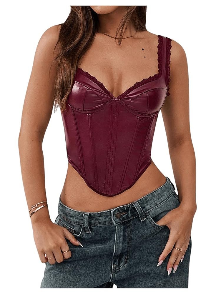 Floerns Women's Leather Sleeveless Crop Cami Top Asymmetrical Hem Retro Corset Top | Amazon (US)