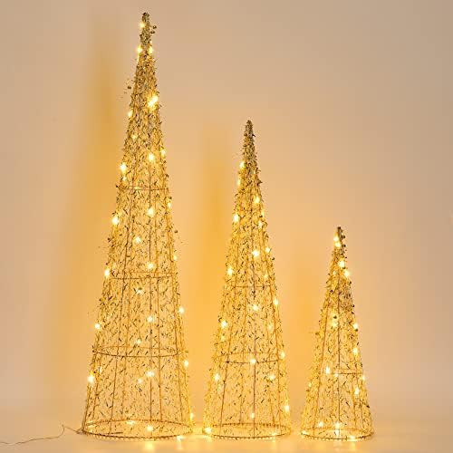 Amazon.com: Lewondr Christmas Cone Trees, Set of 3 Christmas Tree with Lights Metal Beads and Tas... | Amazon (US)