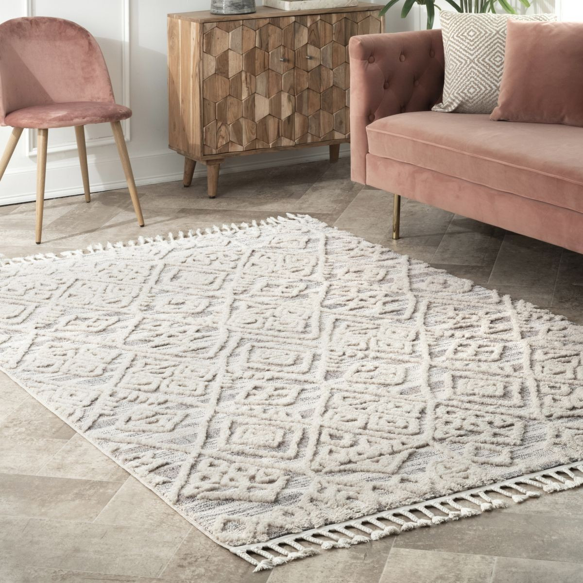 Beige Textured Tribal Tassel Area Rug | Rugs USA