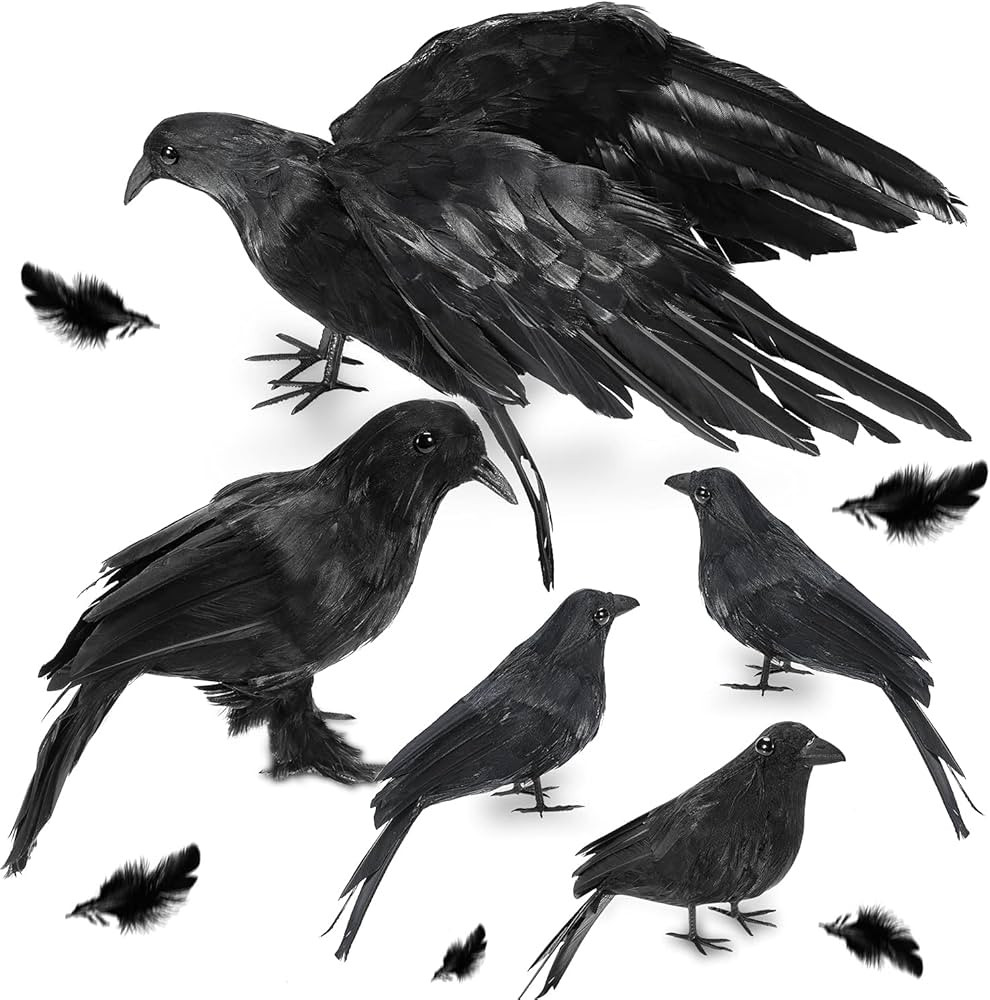 WEBSUN Halloween Crow Decorations 5 Pack, Realistic Handmade Black Feather Crows Prop Fly and Sta... | Amazon (US)