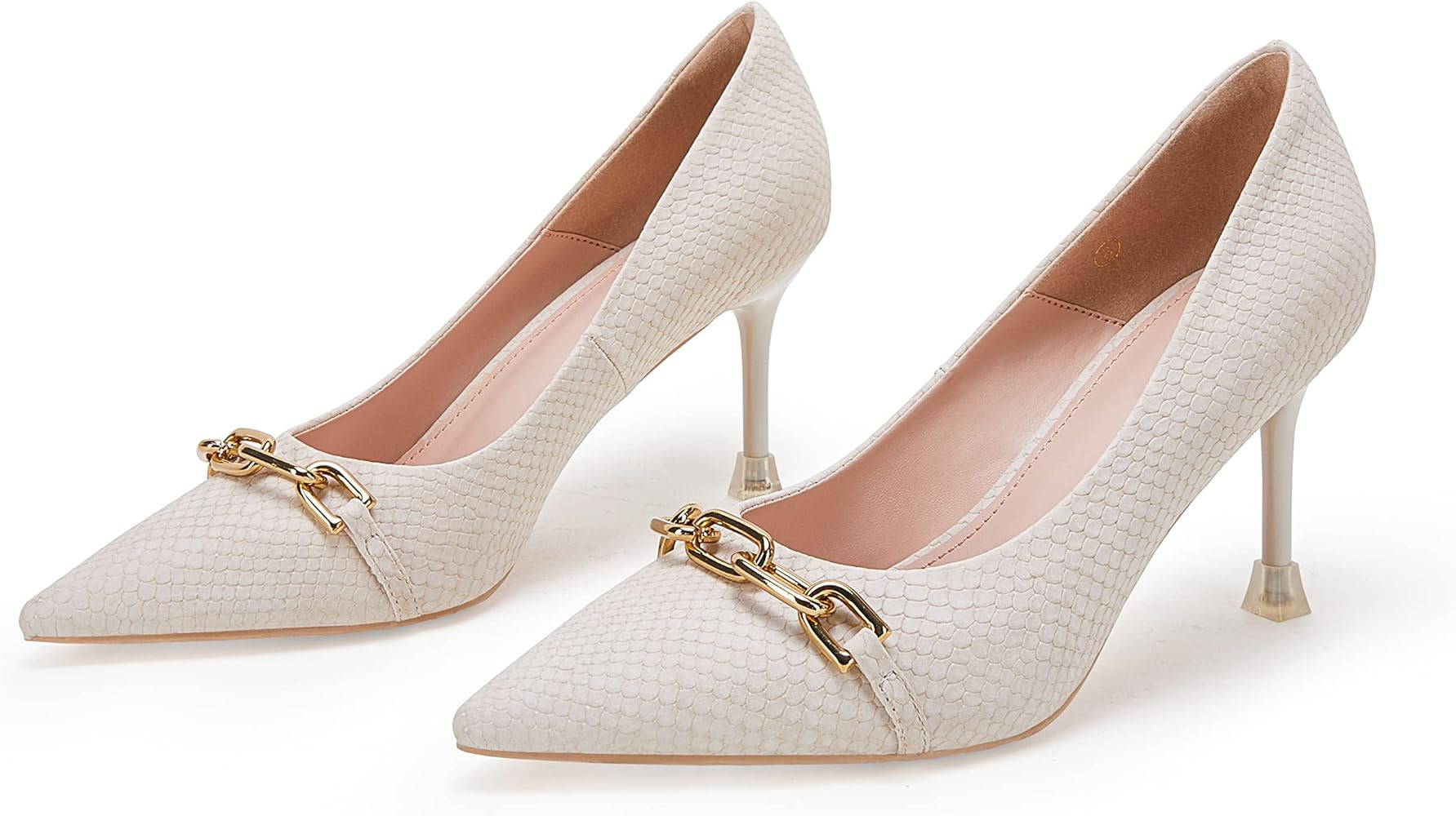 PiePieBuy Womens Pointed Toe Pumps Gold Metal Chain Stiletto Heel Animal Skin Office Dress Shoes | Amazon (US)
