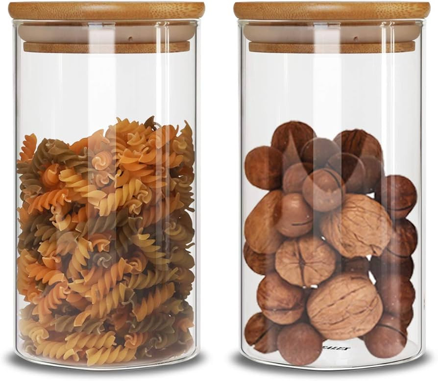 Glass Storage Jars Set of 2(25oz/750ml) with Airtight Seal Bamboo Lid Stackable Kitchen Canisters... | Amazon (US)